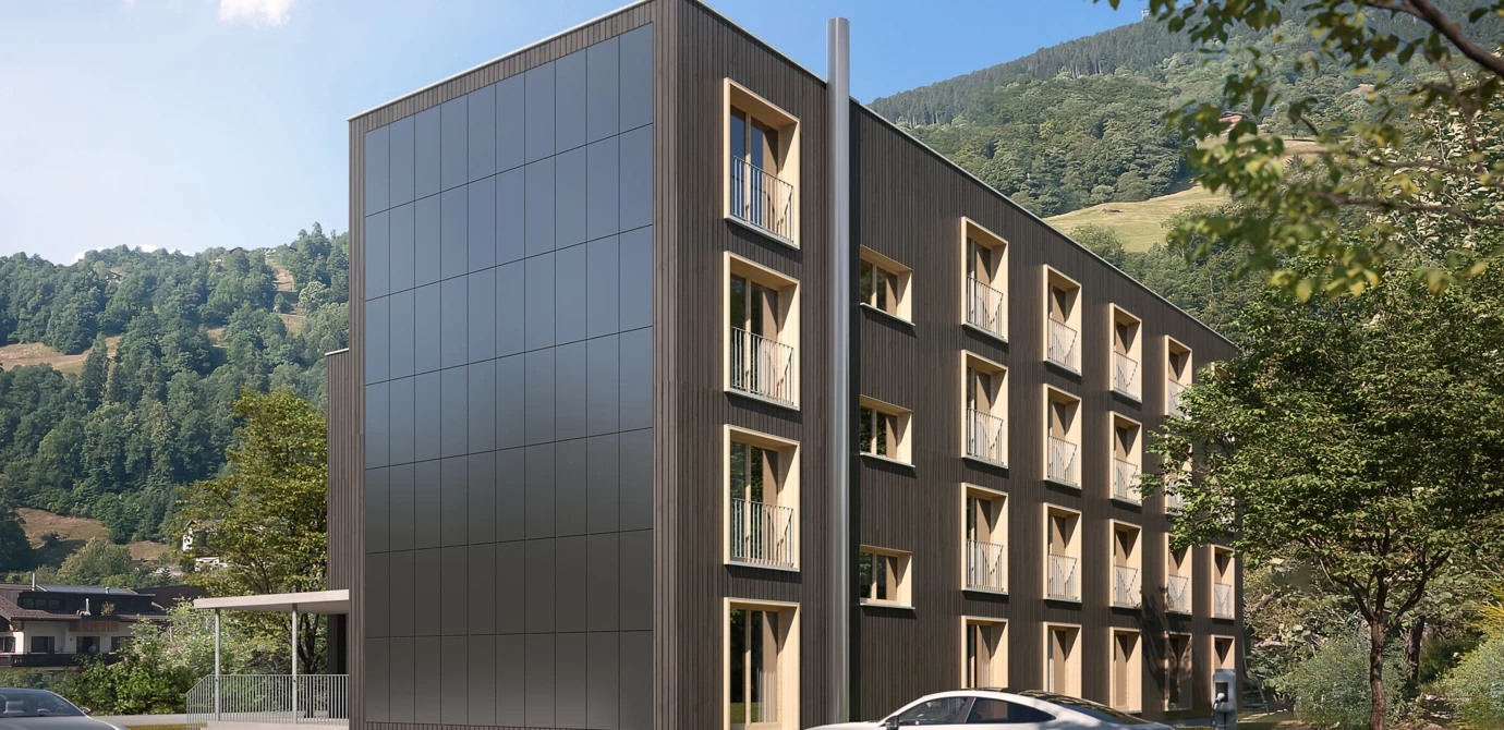 So wird die Energieversorgung später aussehen: Visualisierung der Architektur-PV am Mitarbeiterwohnhaus der Silvretta Montafon.
